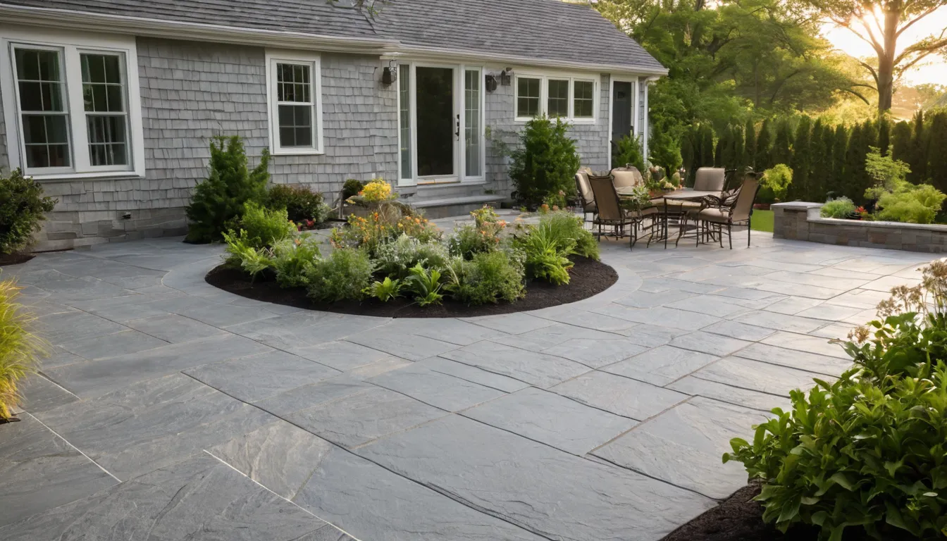 A finished stamped concrete patio behind a Cape Cod style home in the Chester Heights area